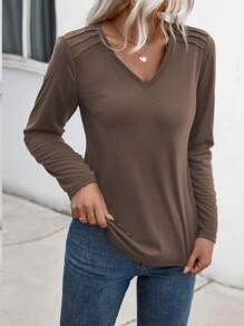 SHEIN LUNE تيشيرت كاجوال أنيق طويل الأكمام بياقة على شكل V للنساء للموسم الانتقالي - بني مخاوي - مشاهدة 6