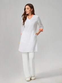 TaskEZ Plain Color Block Long Sleeve Button Simple Casual Nurse Dress Set Scrub Set Nurse Dresses Scrub Tops Scrub Bottoms Lab Coats Scrub Outwear - White - View 3