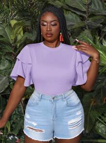 Slaydiva Plus Size Multi-Layered Ruffle Sleeve Bodysuit - Mauve Purple - View 5