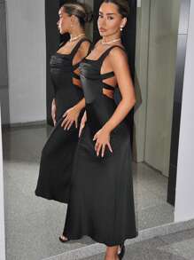 SHEIN ICON 女士纯色感恩节假期优雅方领露背简约长款派对黑色新年夜连衣裙 - 黑色 - 查看 4