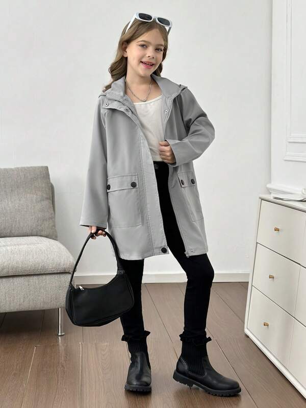 Lässige graue Windjacke mit Reißverschlusstasche und Kapuze für Tween Mädchen, geeignet für den alltäglichen Herbst-/Wintergebrauch