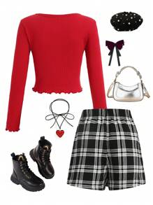 SHEIN Niña preadolescente - Camiseta de manga larga de un solo color rojo con acabado de lechuga y falda pantalón a cuadros negros con detalle de botones, para otoño e invierno, excelente para uso casual diario y escolar en otoño e invierno, para Navidad