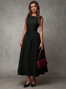 SHEIN BAE 女式复古酒红色无袖连衣裙，紧身腰部，适合约会、派对、返校 冬季女装 感恩节女装 冬季装 圣诞女装 圣诞女装 - 黑色 - 查看 2