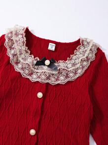 SHEIN Tween Girl Elegant Lace Trim Fitted Dress, Perfect For Casual And Formal Occasions In Fall And Spring And Winter - Red - View 4