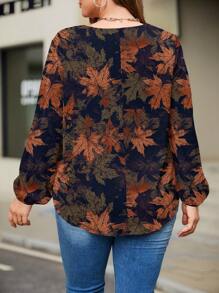 EMERY ROSE Plus Size Vrouwen Vintage Maple Leaf Print V-hals Lantaarn Mouw Losse Blouse, Geschikt Voor Herfst/Winter