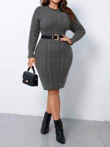 SHEIN Clasi Plus Size Solid Color Crew Neck Long Sleeve Casual Sweater Dress, For Winter - Dark Grey - View 1
