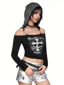 ROMWE Grunge Punk Y2K Sexy Skull & Cross Print Metallic Silver Graphic Cropped Off Shoulder Hooded T-Shirt - Black - View 2
