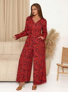 SHEIN Clasi Fashion Leopard Print Wrap Long Sleeve Palazzo Jumpsuit, Autumn Winter Women Clothes Red Jumpsuit Elegant Women Dresses Red Jumpsuit Red Women Jumpsuit New Years Women Outfit Cheetah Print