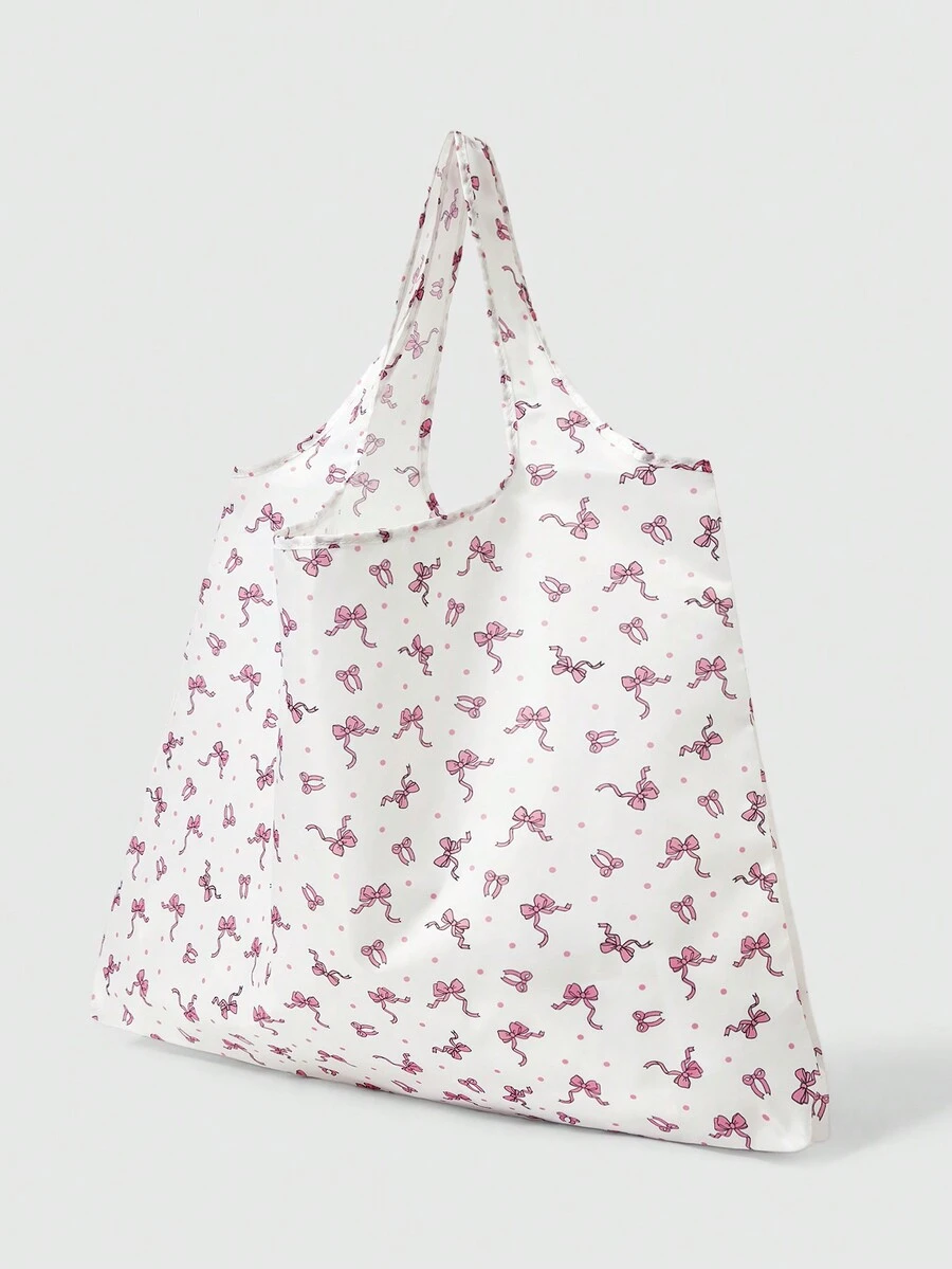 ROMWE Kawaii Cute Pink Bow Print Fashionable Foldable Storage Bag With Handle, White - Pink - View 1