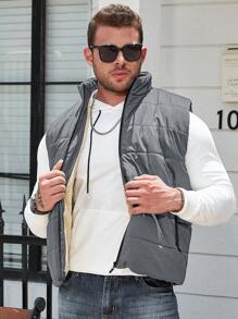 Manfinity Homme Plus Size Men's Solid Color Zipper Front Casual Padded Vest For Winter - Grey - View 5