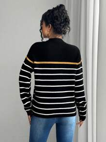 SHEIN Unity Women's Classic Casual Slouchy Colorblock Striped Knit Sweater, Autumn/Winter Knit Pullover Fall - Black - View 2