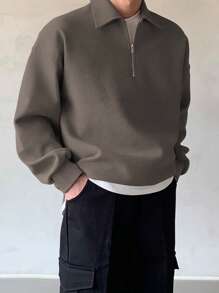 DAZY 男士休闲纯色简约卫衣，适合日常穿着，秋季新款，四分之一拉链设计 - 灰色 - 查看 5