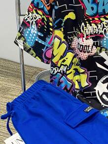Tween Boy/Tween Boy Graffiti Printed Loose Fit Collared Short Sleeve T-Shirt And Shorts Set, Outfit Sets With T-Shirt