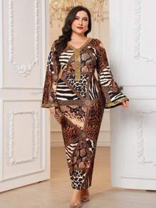 Al Najma Plus Size Women Leopard Print V-Neck Elegancka marszczona obcisła sukienka, Eleganckie dopasowane sukienki Jalabiya Maxi, Na wieczorne przyjęcie/wesele/rocznicę