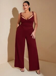 SHEIN BAE 大码性感纯色镂空连体裤秋季修身长款阔腿连体裤，配有分体式胸罩杯和细肩带，适合外出和通勤等优雅休闲场合