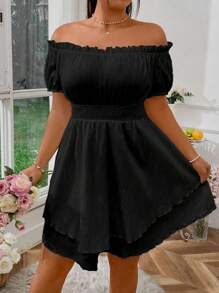 Sunnyshic 大码女式纯色露肩褶皱腰泡泡袖分层下摆连衣裙度假海滩装