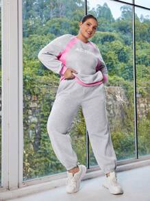 Easithlete 2 件套加大码撞色连帽衫和锥形慢跑裤，带标语印花，运动装 - 彩色 - 查看 3