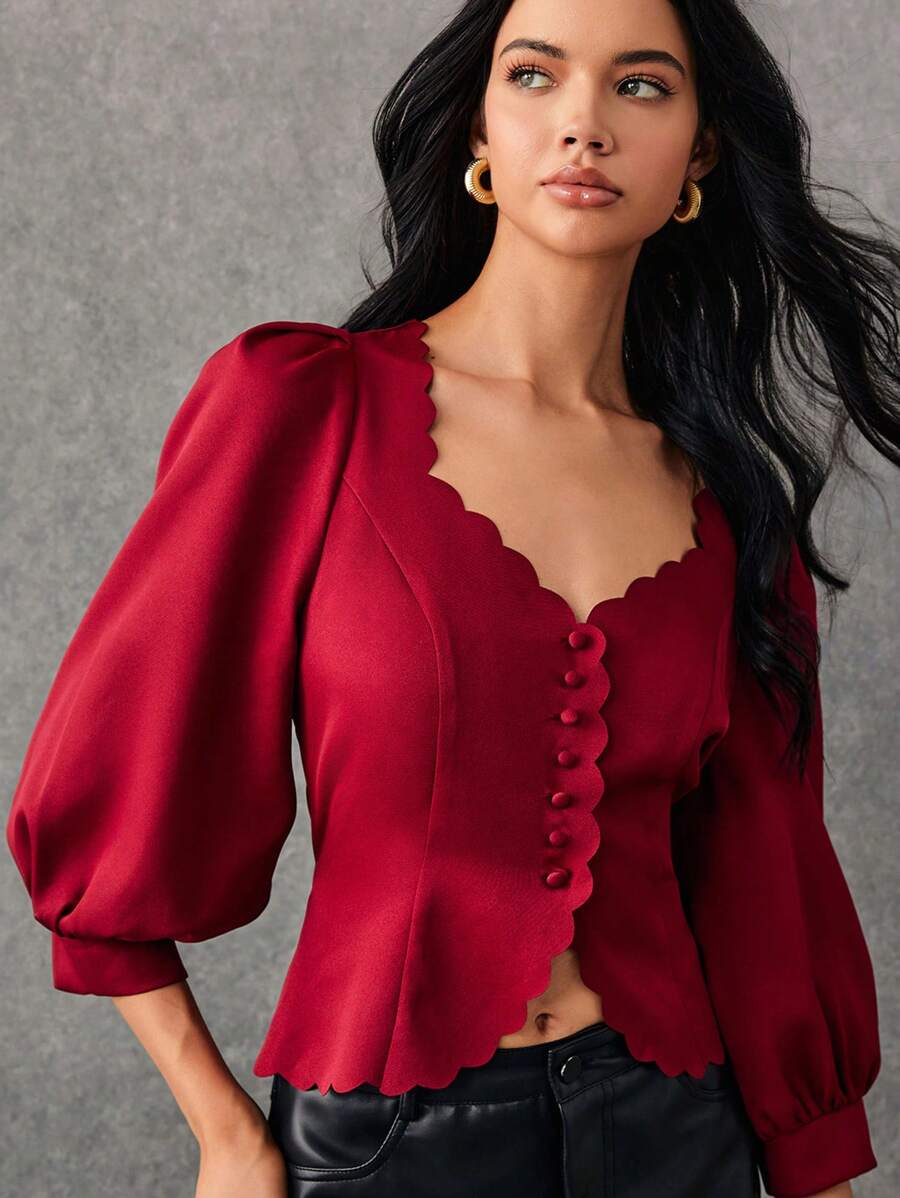 Poéselle 女士优雅纯色泡泡袖荷叶边衬衫，酒红色衬衫， - 酒紅色 - 查看 1