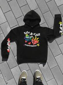 Manfinity EMRG Áo nỉ trùm đầu dài tay in khẩu hiệu thường ngày cỡ lớn dành cho nam, mùa thu - màu đen - Xem 1