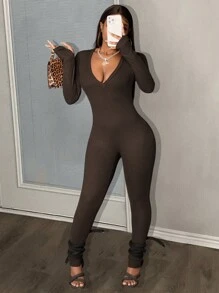 Slaydiva Bộ đồ liền quần bó cổ chữ V đơn giản màu cà phê, Thu/Đông - màu nâu - Xem 1