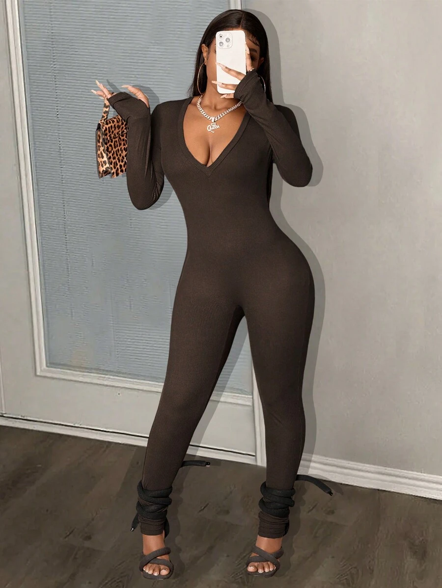 Slaydiva Bộ đồ liền quần bó cổ chữ V đơn giản màu cà phê, Thu/Đông - màu nâu - Xem 1