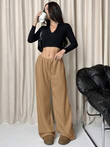 Muchica Women's Solid Color Waist Tie Straight Wide-Leg Plush Sweatpants For Autumn/Winter - Khaki - View 5