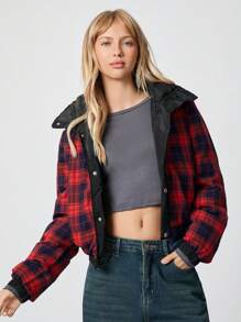 SHEIN EZwear 法式纯色短款夹棉黑色休闲外套 - 黑色 - 查看 1