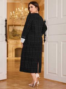 Modelyn 大码女式纯色拼接休闲简约阿拉伯长袖连衣裙 - 黑色 - 查看 2