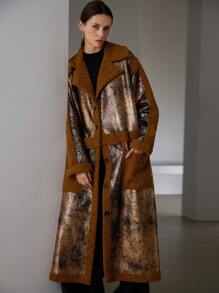 Aveloria Modichic 年轻时尚街头风格纽扣前金箔拼接仿羊羔领超长女士大衣，秋季仿皮飞行员夹克带博格衬里节日派对服装 - 彩色 - 查看 1