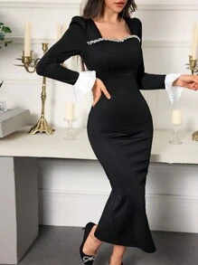 Modelyn 女士方领拼色水钻装饰优雅长袖连衣裙长款晚礼服 - 黑色 - 查看 2