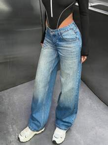 EURMUSE WOMEN STRAIGHT LOW WAIST JEANS - Medium Wash - View 4