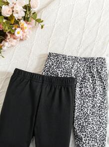Baby Mädchen 2er Pack einfarbige & Leoprint Leggings, Lässig & Bequem - Schwarz - Übersicht 5