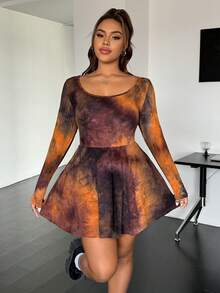 SHEIN EZwear Jumpsuit nữ size lớn họa tiết nhuộm tie-dye, cổ tròn, tay dài, phong cách thường ngày, mùa thu - Nhiều màu - Xem 5