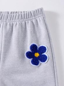 Elladie kids Young Girl Casual Hooded Long Sleeve Sweatshirt & Flared Pants 2 Pieces Set, Flower Pattern Sweatshirt & Gray Flare Pants, Spring/Autumn Slouchy Wear - White - View 7