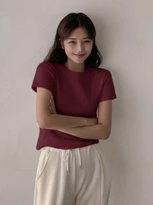DAZY 女士纯色圆领短袖休闲 T 恤夏季 - 酒紅色 - 查看 5