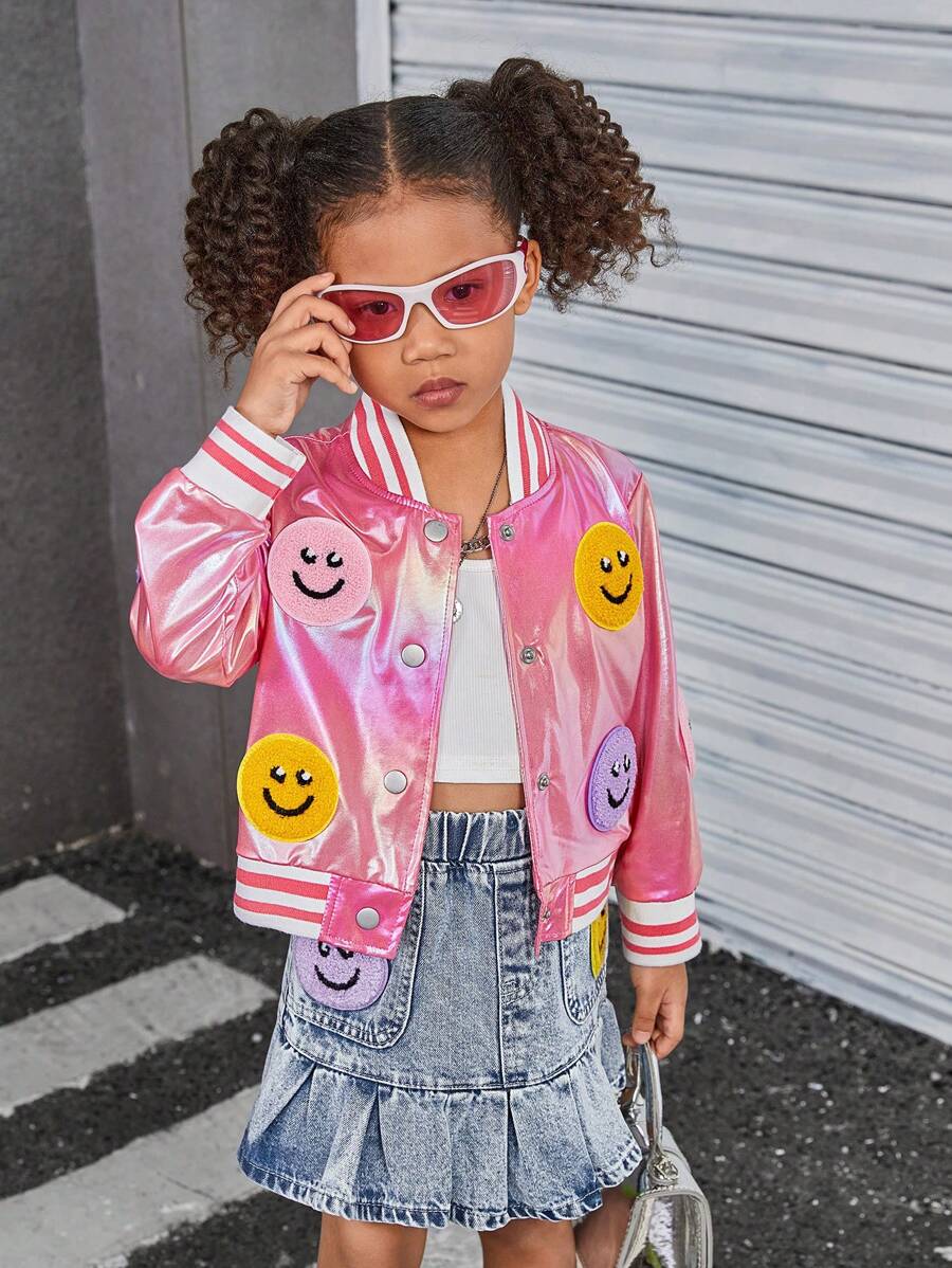 Young Girls Laser PU Jacket With Embroidered Graphic + Denim Pleated Skirt With Embroidered Graphic, Cool Matching 2-Piece Set - Pink - View 1
