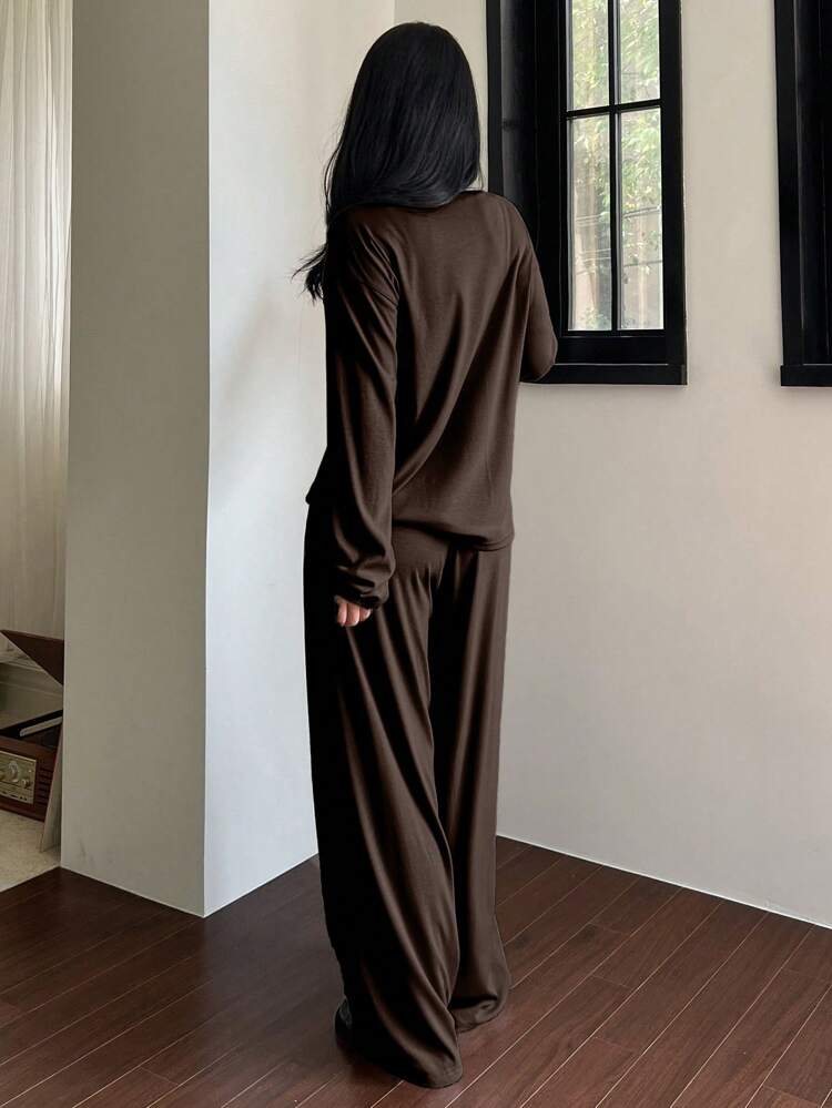 Simple Relaxed Solid Color Long Sleeve Top And Pants Loungewear Set, Fall Winter Clothes Pajama, Cozy Outfit