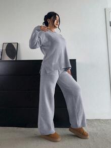 Flirla Plus Size Soft, Slimming & Versatile Casual Wide-Leg Pants And Long Sleeve Knit Set, For Winter - Grey - View 6