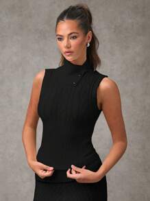 SHEIN BAE 女士立领无袖针织毛衣上衣，休闲纯色，秋冬 - 黑色 - 查看 6