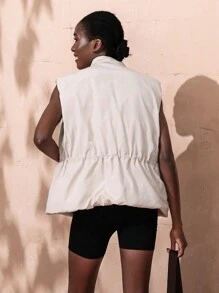 VARSITIE Fall Winter High Collar, Large Pockets, Waist Drawstring Buttoned Vest Women Sports Winter Coats - Apricot - View 2