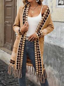 SHEIN LUNE 1pc Women Geometric Print Patchwork Long Sleeve Cardigan With Pockets, Casual Style, Autumn/Winter