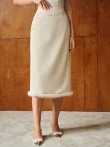 MOTF PREMIUM CONTRAST FUZZY HEM SPLIT BACK SKIRT - Apricot - View 5