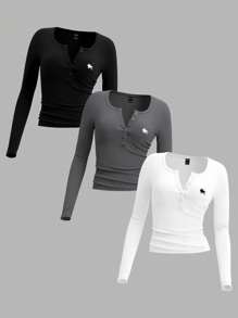 SHEIN EZwear Set 3 Kaos Rajut Sederhana 3 Warna Ukuran Plus untuk Wanita, Cocok untuk Musim Gugur/Dingin - MultiWarna - View 1
