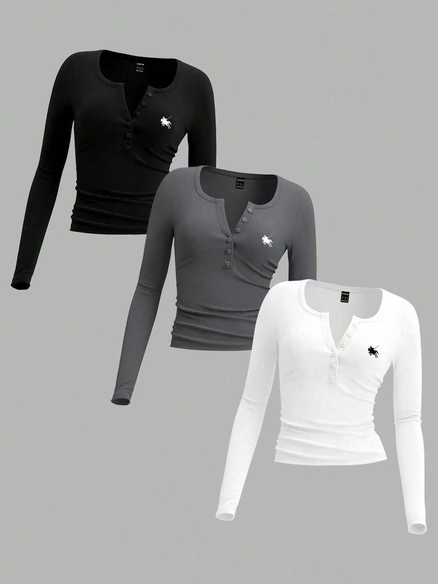 SHEIN EZwear Set 3 Kaos Rajut Sederhana 3 Warna Ukuran Plus untuk Wanita, Cocok untuk Musim Gugur/Dingin - MultiWarna - View 1