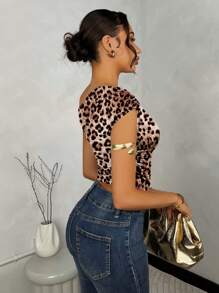 SHEIN BAE Casual Leopard Print Women Asymmetric Ruched Cropped Shoulder Top, Spring/Summer - Brown - View 2