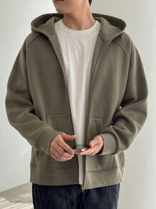 DAZY 男士纯色插肩袖拉链门襟休闲连帽衫，秋季 - 卡其色 - 查看 3