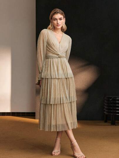 MOTF Soiréza SOLID V-NECK FLARE SLEEVE TWIST WAIST LAYERED RUFFLE HEM PLISSE COCKTAIL DRESS