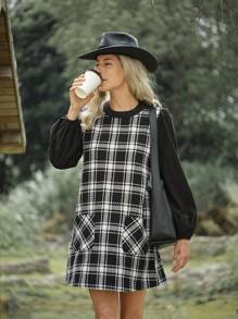 LanaWest Vestido corto informal de mujer con diseño de cuadros y parches, con bolsillos dobles, para otoño - Negro - Ver 4