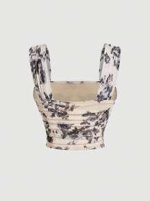 SHEIN MOD Áo ba lỗ cổ vuông in hoa xanh trắng ôm vừa vặn xếp ly thanh lịch quyến rũ cho nữ, Quần áo mùa thu, Quần áo Halloween, Áo thời Phục hưng, Áo thời Phục hưng Milkmaid Toptop hoa cắt cúp - màu đen - Xem 2