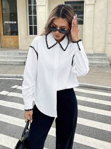 Serisse 女士秋季拼布花卉饰边落肩长袖休闲衬衫法式简约休闲纯色饰边基本款长袖翻领衬衫，波西米亚风，白色上衣 - 白色 - 查看 4